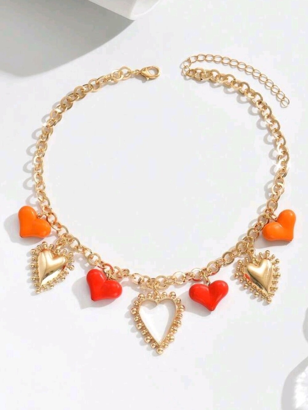 Gold Heart Charm Necklace with Red & Orange Accents